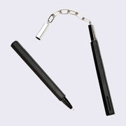Black pen with a chain attached to its cap, which connects it to another pen such as a nunchuck.