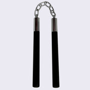 Black pen with a chain attached to its cap, which connects it to another pen such as a nunchuck.