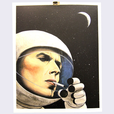 Finely shaded illustration of David Bowie's head and hand, smoking a cigarette while wearing a space suit and helmet. Background is black sky with stars and crescent moon.