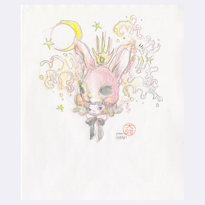 Ink and watercolor drawing on white paper of a blonde girl's head, with a large pink bunny atop her head like a hat. Splashes of water are all around and a crescent moon hangs above her.