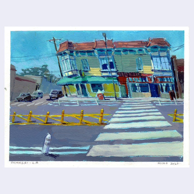 Plein air painting of a crosswalk with yellow pole dividers. Crosswalk leads to a leaning yellow building.