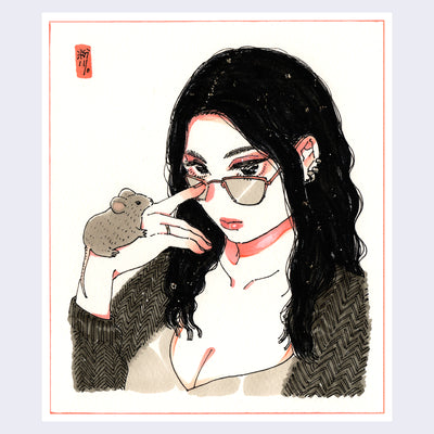 Illustration of a woman, visible from the chest up, with long black wavy hair and sunglasses, which she brings down her nose slightly. On her hand is a small gray mouse.