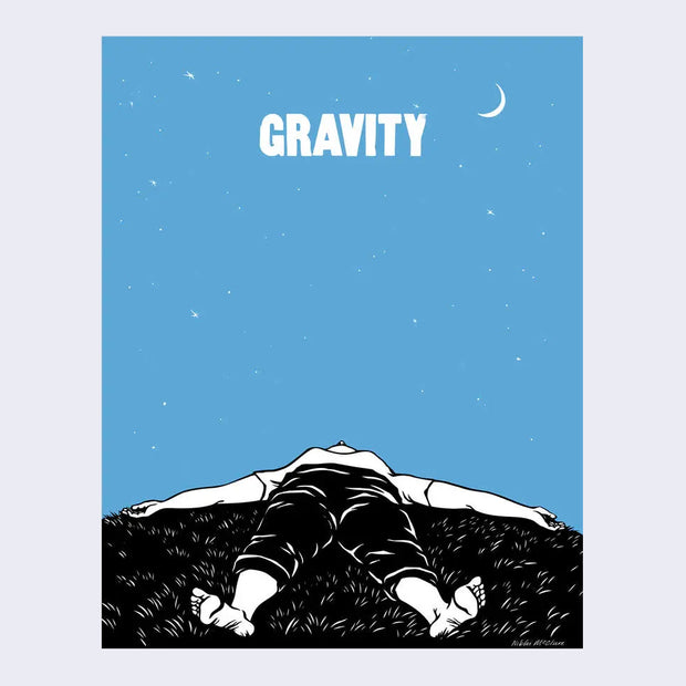 Illustration of a woman laying down in a field of grass, looking up at the blue night sky with a small crescent moon.  "Gravity" is written in bold, white font in top middle of the print.
