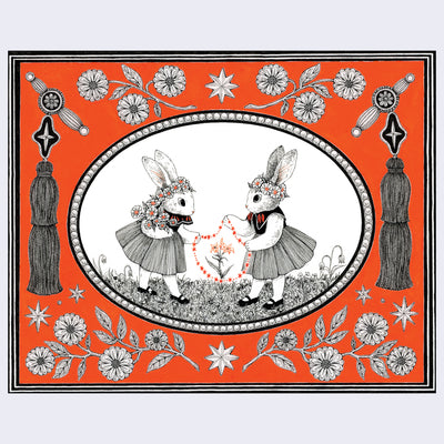 Fine line black ink illustration on bright orange panel, with the focal point encased in a decorative bordered oval in center of panel. 2 bunnies wearing dresses and flower crowns face each other and hold a connected chain of orange stars. Outside of the oval, are tassels on each side and decorative flowers on top and bottom.