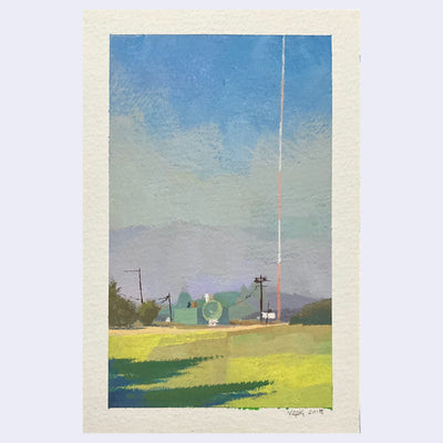 Plein air painting of a open field with a very large radio antenna and a solar disk.