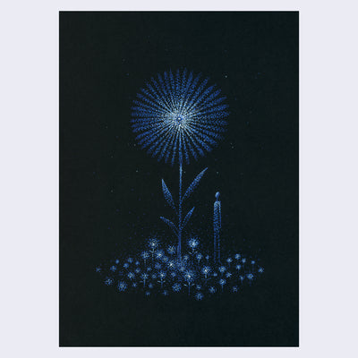 Blue ink illustration on black paper of a figure standing under a large spark flower.