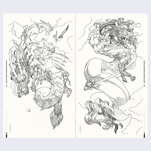 Open two page book spread of fine line illustrations of abstract dragons.