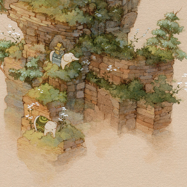 Close up of drawing, a stacked stone built mountain terrain with greenery, with many elephants with blankets on them scaling the hillsides.