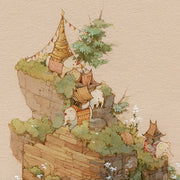 Close up of drawing, a stacked mountain terrain with greenery, with many elephants with blankets on them scaling the hillsides. Atop the mountain is an elephant with a golden vessel on its back and paper flags.