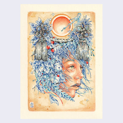 Watercolor and pen illustration of a woman's head, with many nature object on top of it. Such as leaves, twigs, tassels and bells. Colors are primarily warms oranges and yellows in contrast with blue hair.