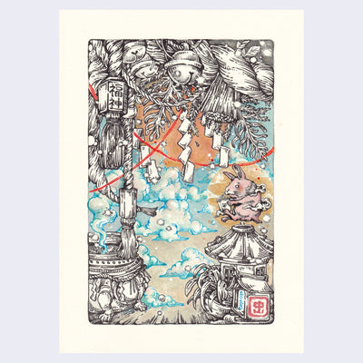 Watercolor and ink illustration with a pot in the left corner, with many blue clouds coming out of it. In the right corner is a small temple like building with a pink bunny atop of it. Along the top of the piece is many bells, ropes, and leaves.