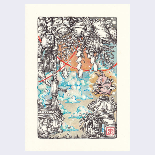 Watercolor and ink illustration with a pot in the left corner, with many blue clouds coming out of it. In the right corner is a small temple like building with a pink bunny atop of it. Along the top of the piece is many bells, ropes, and leaves.