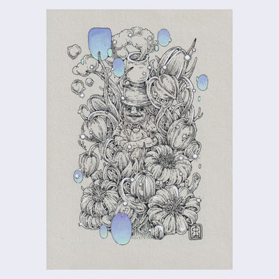 Fine line illustration of an older man, akin to a gnome, sitting on the ground with his knees drawn into his chest. Around him are large flowers and leaves. Paper is gray and the only color accents are purplish blue ombre circles floating around.