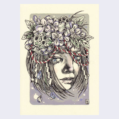 Ink and watercolor illustration of a girl's head, with straight whispy hair around her face, peering out behind a large flower crown, with many flowers, leaves and seed pods that resemble honeycomb. 