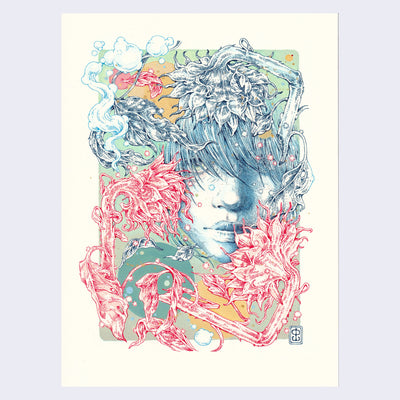 Ink and watercolor illustration of a person's face, slightly obstructed by long bangs and many abstract flowers nearby. Background is mint blue with circles.