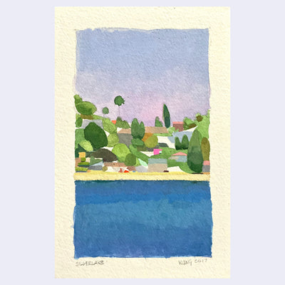 Plein air painting of a reservoir with water, with houses and trees in the background against a purple and pink sky.