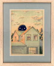 "Sunset" framed in a light wooden frame with a dusky blue framing mat. For a description of the piece, refer to the previous image's alt text.