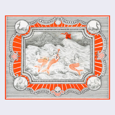 Black fine line drawing with subtle orange accent coloring of 3 mermaids, sitting atop a rock and playing instruments. 2 other mermaids watch from the water, which is very wild with a ship in the far off distance. Piece is framed by an ornate patterned border with visuals of sea monsters.