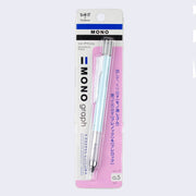 Mechanical pencil with an ice blue body and retractable eraser. Encased in a plastic display packaging.
