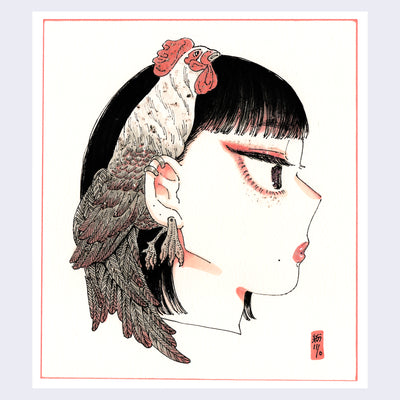 Illustration of a woman with bangs and a short bob cut, facing right in profile view and only visible from the neck up. Wrapped around her ear, like an ear cuff, is a rooster with intricate tail feathers.