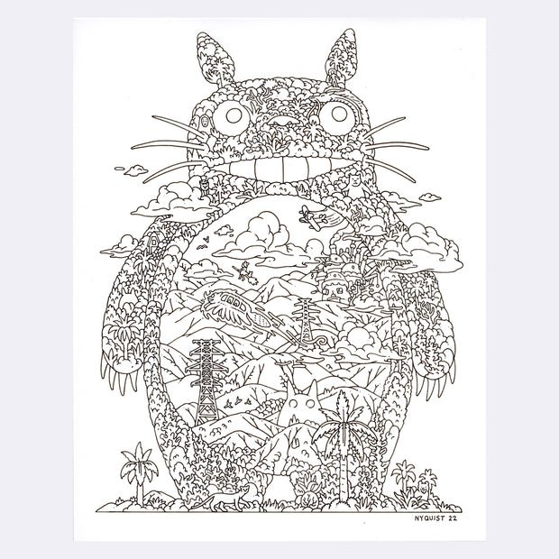 Black ink line drawing illustration, without any shading of Totoro, standing tall amongst a small landscape. Within him is a series nature elements, trees and leaves making up his body and within his belly is a scene with many Ghibli references, such as Kiki flying, the Catbus soaring, and Howl's Moving Castle.