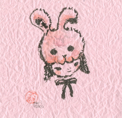 Black and pink ink drawing on pink paper of a woman's head, with a large pink bunny head atop of hers like a hat.