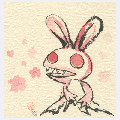 Black and pink drawing on cream colored paper of a rabid looking red eyed bunny, hugging the top of a snow covered mountain.