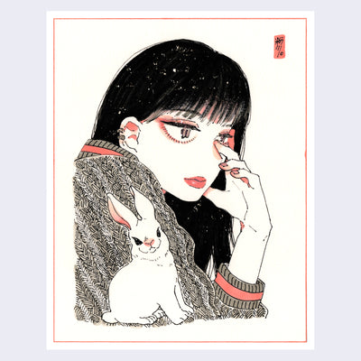 Illustration of a woman with bangs and long black hair, facing right with her head facing back toward her shoulder. Next to her arm is a white bunny, with a smiling expression.