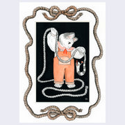 Pen illustration with orange color details of a cat, standing up on its hind legs like a human. It wears orange overalls and a sailor collar, holding a long rope with a snake head attached on one end, looking up at the cat who returns the look. Cat and snake are within a black color block rectangle, with a realistic rope around the piece with a tied bow on top and bottom.