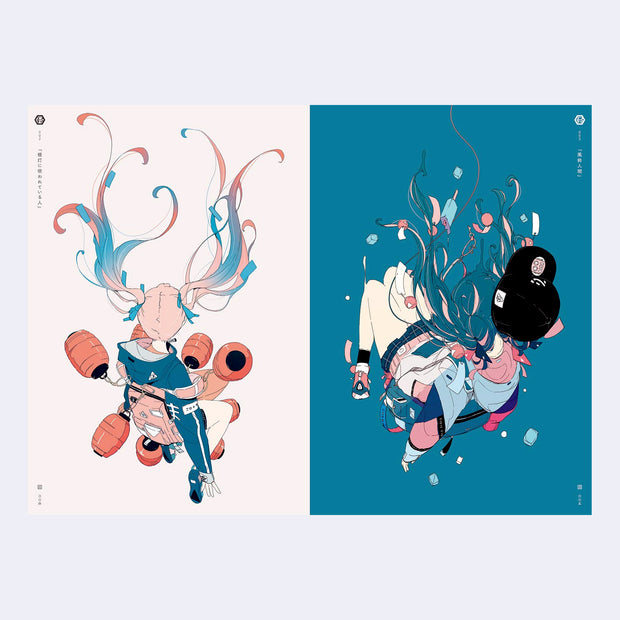 Open two page book spread of illustrations. Left illustration is of a girl with long pink pig tails, facing away and falling from the sky with red lanterns around her. Right illustration of a girl with long blue pigtails facing away and falling from the sky. Both are wearing street clothing.
