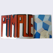 Open book spread. "Pimple" is written in all caps red block font with blue drop shadow. Right page is a cube pattern with a head facing away from viewer.