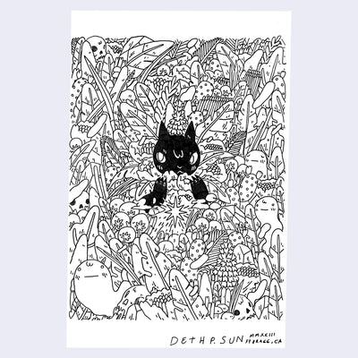 Ink drawing of a black cat in a busy field of plants and flowers, seen only with its head and arm sticking out. Ghosts float around the cat.
