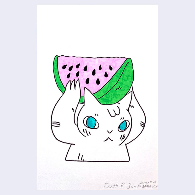 Ink drawing of a cat with blue eyes, seen only from the chest up, carrying a large slice of watermelon overhead.