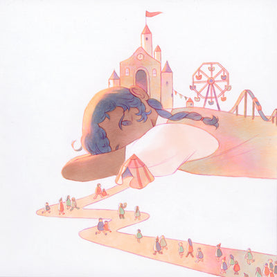 Marker illustration on white paper of a large tan skinned girl laying stomach down on the floor, with her face in her arms, looking off to the side. Atop her back is a carnival scene and on her shirt sleeve is a carnival tent, with a winding path coming out of it with lots of small people on it. Coloring of scene is sunset tones, with lots of warm orange and pink light.
