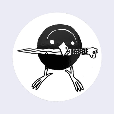 White circle sticker with a drawing of a black bird holding a crooked daggar.