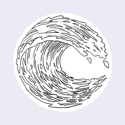 White circle sticker with a drawing of a circular crashing wave.
