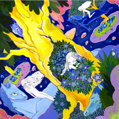 Brightly colored painting of a thick yellow tree trunk with a large hole in it. Within the hole is many blue flowers and a small sleeping girl, only partially visible. Behind, many blue horses look onwards, being rode and sat on by similar looking nude women.