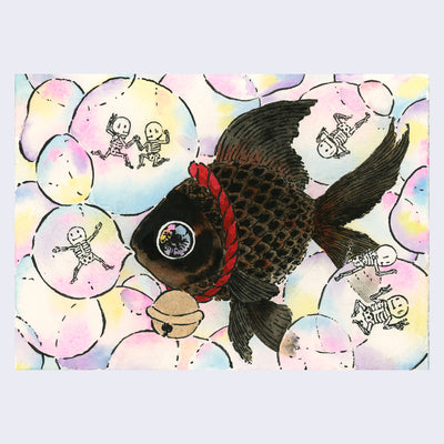 Watercolor painting of a large black beta fish, with a red rope and golden bell tied around its neck. It is surrounded by rainbow colored bubbles with small skeletons floating within them, doing humorous poses.