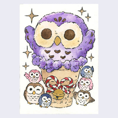 Watercolor painting of a large ice cream cone, the ice cream designed to look like a purple owl. Around the cone is a white and red rope with a golden bell and many small stacked owls standing nearby.