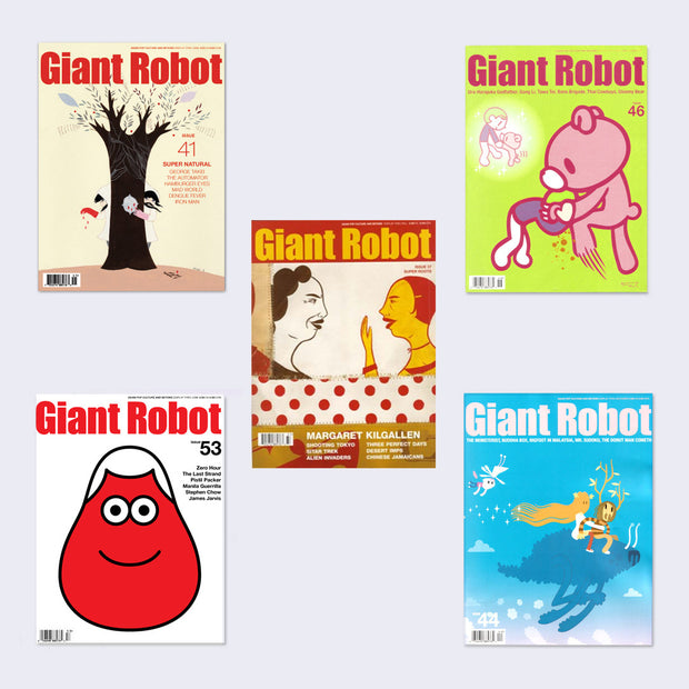 5 issues of Giant Robot Magazine, with varying covers.