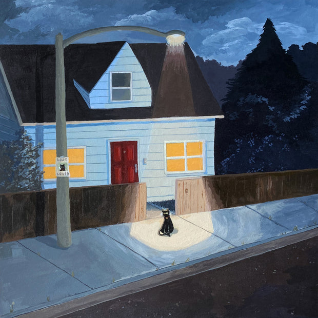 Painted night time scene of a suburban street, with a blue house in the background. A streetlamp shines down on a black cat, who sits on the sidewalk. Nearby, a poster for a "lost & loved" cat is on the light post, with a picture of the seated cat.