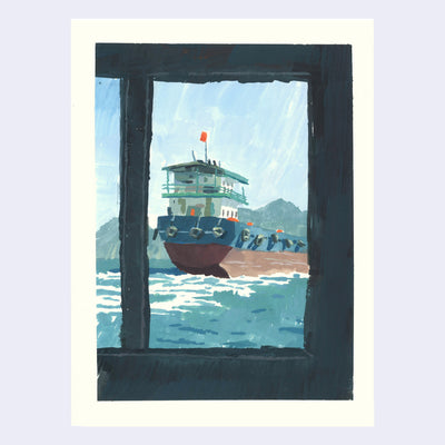 Plein air painting of the view from out a window, where a rather large boat or ferry is seen sailing in water.