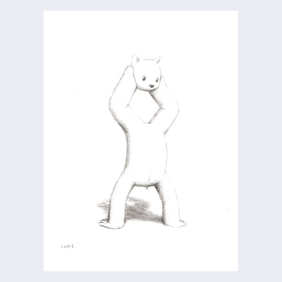 Pencil drawing on white paper of a simplistic bear, doing a handstand. He has no head on his neck and is instead balancing his head between his feet.