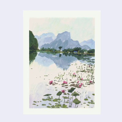 Plein air painting of a still body of water with plants and lily pads sitting atop the water. A grey mountain can be seen in the background.