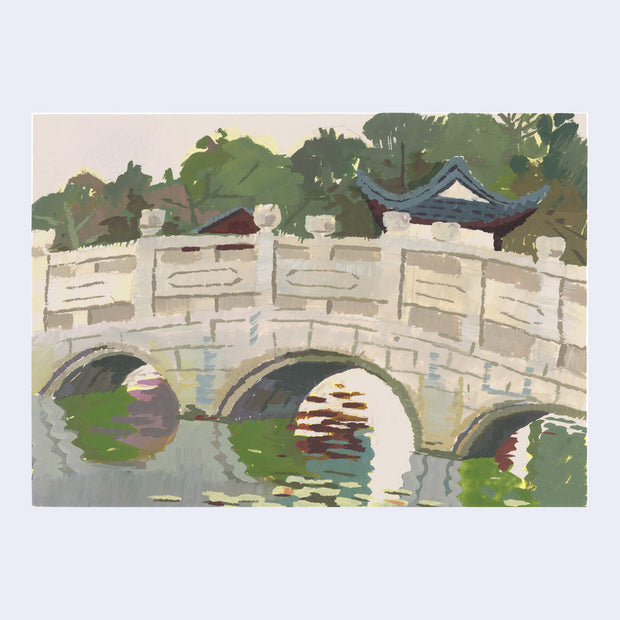 Plein air painting of an elaborate stone bridge with a pagoda style building in the background. Bridge is over water.
