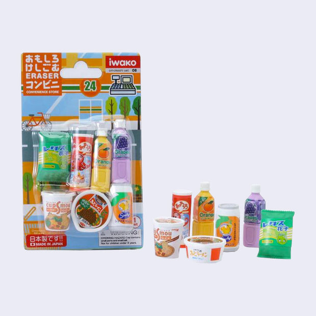 7 erasers designed to resemble miniature versions of Japanese convenience store foods. Eraser set includes: orange juice, grape juice, soda, takoyaki snack, chips, instant curry and instant ramen.
