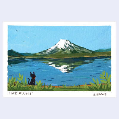 Painting of a small black cat with a red collar looking out across a body of water at Mt. Fuji, snow capped and far in the background.