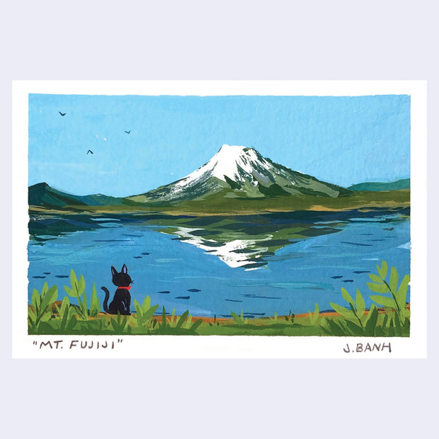Painting of a small black cat with a red collar looking out across a body of water at Mt. Fuji, snow capped and far in the background.