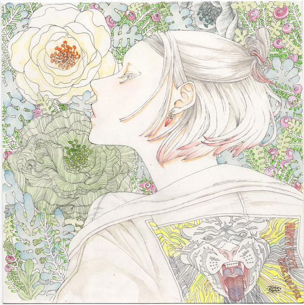 Fine line illustration with pastel watercoloring. A person, seen from the shoulders up, faces away from the viewer and looks off to the left. Their hair is half up, half down with red colored tips. The back of their jacket is an elaborate embroidery of a open mouth snow tiger. Background of the piece is many camelia flowers.