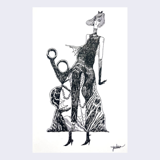 Black ink drawing of a tall woman, wearing an elaborate black dress with many spiderwebs and line variation within it.